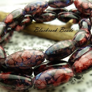 10 Marbled Oval Glass Beads - 22x10mm, Black, Pink, Blue, Large Swirled Glass Beads, Patterned Jewelry Beads, Focal Beads - BR8-19