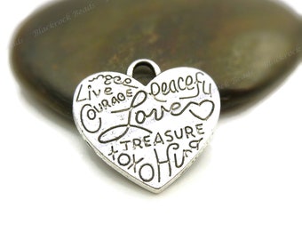 Bulk 15 Inspirational Message Charms - Antique Silver Tone - 22x23mm, Large Heart Shaped Pendants, Textured Word Charms - BF23