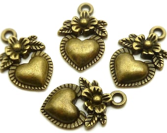 10 Heart Shaped Charms with Flower - Antique Bronze Tone - 11x18mm, Heart Pendants - BC7