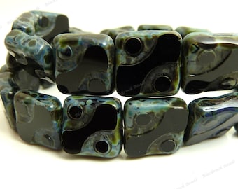 10mm Black Picasso Czech Glass Beads - 15pc Strand - Carved Square Beads - BD28