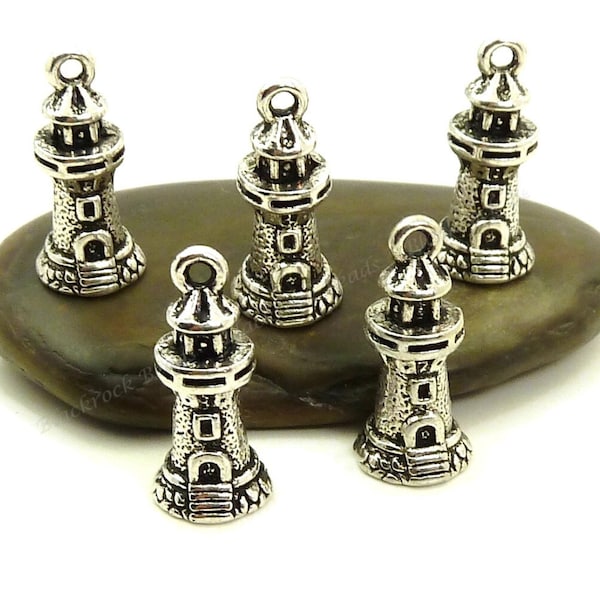 6 Light House Charms - Antique Silver Tone - 20x9mm, Beach Pendants, Nautical Charms - BA20