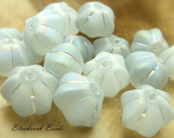 Light Steel Blue Frosted Flower Glass Beads - 10 Pieces - 8x10mm, Matte Pumpkin Shaped Melon Beads, Metallic Lined Jewelry Beads - BK4