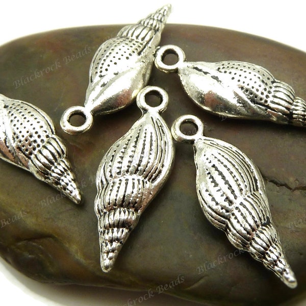 Bulk 30 Conch Sea Shell Charms - 3D and Double Sided - Antique Silver Tone Metal - 7x23mm, Jewelry Making, Shell Pendants - BA9