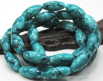 10 Sea Green Marbled Oval Glass Beads - 22x10mm, Large Swirled Glass Beads, Blue Green Patterned Jewelry Beads - BR8-26