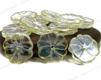 Lightest Yellow Flower Glass Beads - 10 Pieces - 15mm, Metallic Golden Plated Edges, Flat Round Beads, Scalloped Edges - BQ25