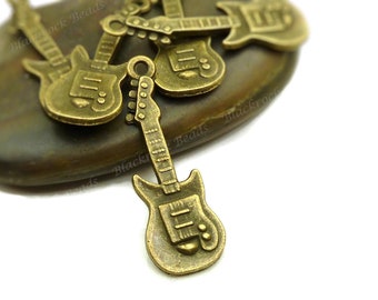 10 Guitar Charms - Antique Bronze Tone - 31x11mm, Detailed Design, Musical Instrument, Large Guitar Pendants - BA17