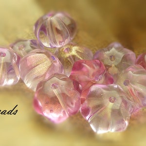 Pink, Light Purple, and Clear Flower Glass Beads 10 Pieces 8x10mm, Pumpkin Shaped Melon Beads, Metallic Gold Accented Beads BK1 image 6