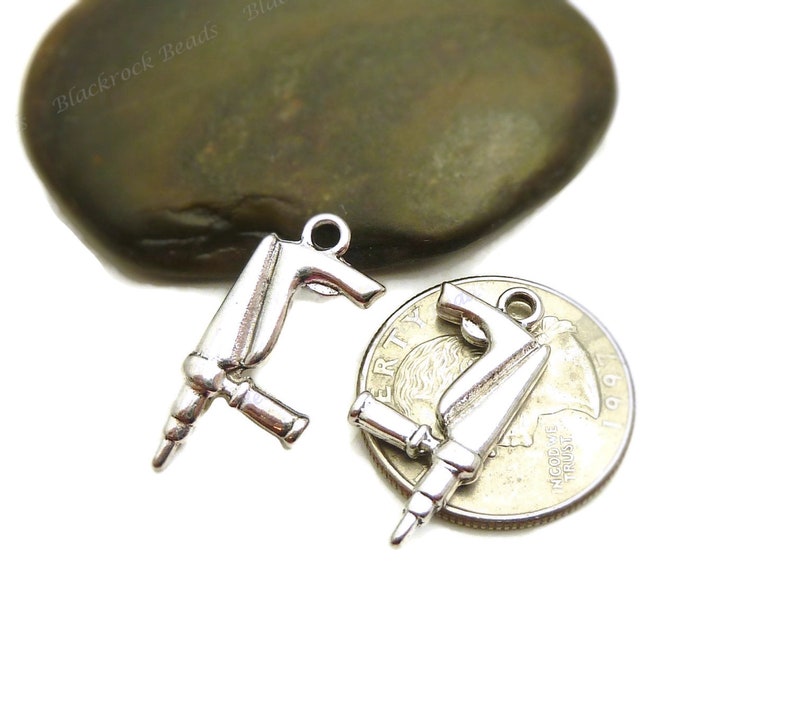 5 Handheld Drill Charms or Pendants 3D and Double Sided Antique Silver Tone 27x12mm, Large Tool Charms BM23 image 2