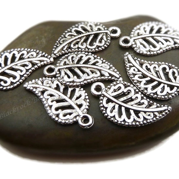 10 Leaf Charms - Double Sided - Antique Silver Tone Metal - 19x10mm, Filigree Pendants - BB36