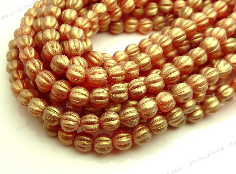 5mm Sueded Gold Ruby Round Melon Czech Glass Beads 50pc Strand Corrugated, Fluted Beads, Small Spacer Beads BD31 image 2