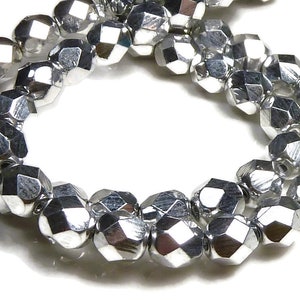4mm Czech Faceted Metallic Silver Round Fire Polished Glass Beads 50pc Strand BD38 image 1
