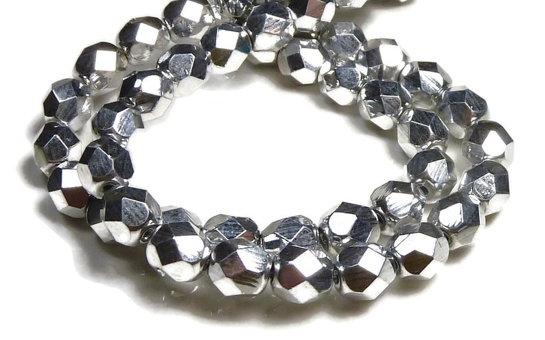 4mm Czech Faceted Metallic Silver Round Fire Polished Glass Beads 50pc Strand BD38 image 1