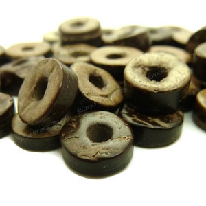 50 Pieces - 9x5mm Dark Brown Coconut Shell Beads - Rondelle, Donut, Rustic Beads - BQ10