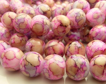 14mm Bright Pink with Patterns Round Glass Beads - 20 Pieces - BN9