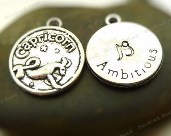 Set of 6 Capricorn Zodiac Charms ( Double Sided ) Antique Silver Tone Metal - Jewelry Supplies, Findings - BT1