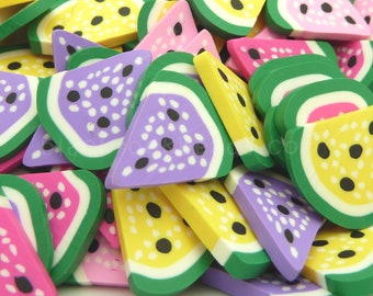 8 Large Polymer Clay Watermelon Slices - Mixed Color Faux Fruit Slices, Miniature Clay Fruit, 18mm to 22mm - BD29
