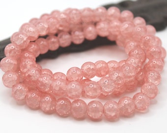 Bulk 50 Dusty Pink Crackled Vein Round Glass Beads - 8mm Pink Crackle Glass Beads - BL20