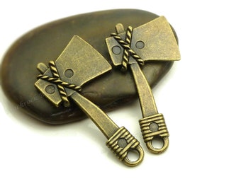 5 Axe Charms - Double Sided - Antique Bronze Tone - 21x42mm - Hatchet Pendants, Tool Pendants, Jewelry Supplies - BC9