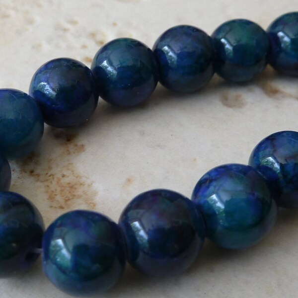 8mm Rainbow Jade Blue and Green Swirl Round Gemstone Beads - 8 Inch Strand