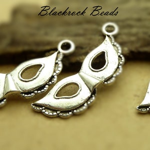 10 Masquerade Mask Charms - Antique Silver Tone - 30x10mm, Mardi Gras Pendants, Jewelry and Craft Supplies - BH5