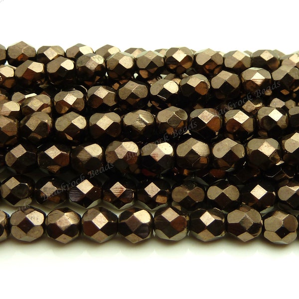 6mm Chocolate Bronze Metallic Czech Glass Beads - 25pc Strand - Round, Opaque, Faceted, Fire Polished, Deep Brown - BD40