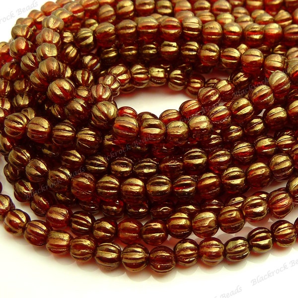 5mm Sunset Maple Red Round Melon Czech Glass Beads - 50pc Strand - Corrugated, Fluted Beads, Small Spacer Beads - BD31