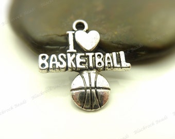 I Love Basketball Charms Antique Silver Tone Metal - 5, 10 or 25 Pieces - 22x20mm, Sports Charms, Athletic Charms, Pendants - BM15