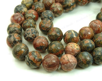 8mm Leopardskin Jasper Round Natural Gemstone Beads - 15.5 Inch Strand - Red, Blue, Brown - BA15