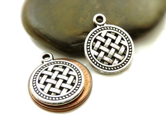 6 Basket Weave Charms - Double Sided - Antique Silver Tone - Flat Round Pendants - BB16