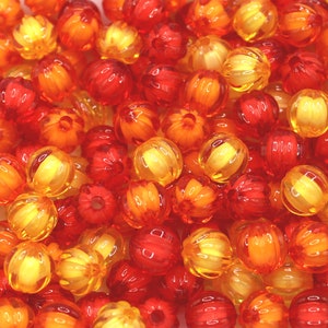 10mm Fall Mix Red Orange Yellow Pumpkin Shaped Round Acrylic Beads - Transparent Bead in Bead Autumn Bead Mix, 30/60 Pieces - BD27