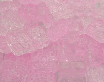 10 Pink and Clear Square Glass Beads - 13mm Double Sided Etched Pattern Jewelry Beads - BD11