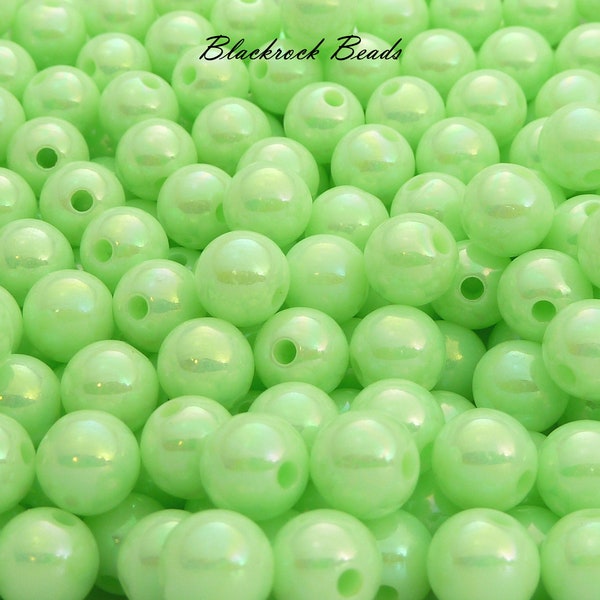 8mm Light Celadon Green Gumball Beads - 50 Pieces - Round Acrylic Bubblegum Beads, Pastel Green Beads, Pearlized Shiny AB Finish - BR2-23