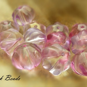 Pink, Light Purple, and Clear Flower Glass Beads 10 Pieces 8x10mm, Pumpkin Shaped Melon Beads, Metallic Gold Accented Beads BK1 image 4