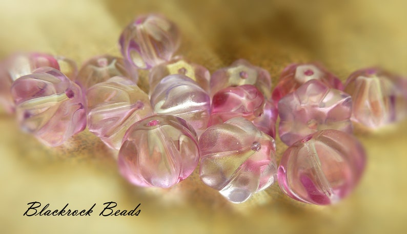 Pink, Light Purple, and Clear Flower Glass Beads 10 Pieces 8x10mm, Pumpkin Shaped Melon Beads, Metallic Gold Accented Beads BK1 image 4