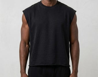Camiseta sin mangas holgada de felpa francesa, algodón negro, corte relajado, camiseta sin mangas unisex.
