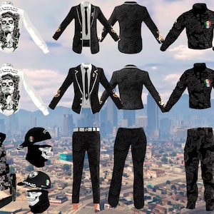 Puede incluir: Una colección de prendas de vestir, que incluye camisas blancas, blazers negros con ribetes blancos y chaquetas negras con estampados florales. También se muestran pantalones negros, una mochila y accesorios con temática de calaveras.