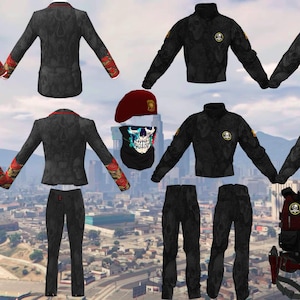 May include: A collection of digital clothing assets including a black suit with red accents, a red tie, a white shirt, black trousers, a black tactical jacket, black tactical pants, a maroon beret, a skull-patterned face mask, and a tactical vest.
