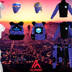 Puede incluir: Una colección de ropa y accesorios que incluye camisas blancas, pantalones blancos, chaquetas, pantalones y mochilas con estampado de camuflaje morado, junto con mascarillas faciales con patrones azules. Los artículos muestran gráficos de calaveras y el texto Marabunta.