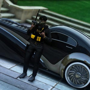 May include: A sleek black vintage-style luxury car with white-walled tires and intricate silver wheels. A figure stands beside the vehicle wearing a black tactical vest with yellow pouches, a black beret, and dark trousers, holding a submachine gun.