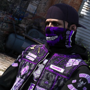 May include: A black baseball cap, a purple skull-patterned face mask, and a black vest with purple and white patches. The vest features text including FOUNDER, SONS OF ODIN, and LOS SANTOS, along with various graphic emblems and intricate patterns.
