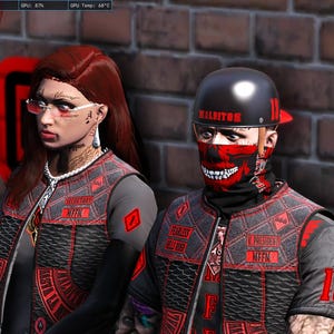 May include: Two individuals wearing matching black and red tactical vests with red text patches, including 'PRESIDENT' and 'MFFM'. The person on the left has long red hair and glasses, while the person on the right wears a black helmet and a red skull mask.
