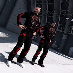 May include: Two figures wearing matching black tactical uniforms with red accents and red text on the sleeves. The outfits include black long-sleeved shirts, black trousers with red patterns, and black tactical vests with red detailing. Both wear white shoes.