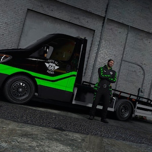 May include: A black and green tow truck with the text "Route 66 Service" and the number "68" on the side. A person in a black uniform with green stripes stands next to the truck.