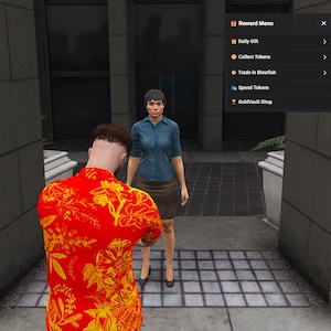 May include: A scene from a video game featuring two characters. One character is wearing a red shirt with a yellow floral pattern. The other character is wearing a blue shirt and a brown skirt. A menu with options like "Reward Menu" and "Daily Gift" is visible.