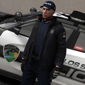 May include: A police officer wearing a dark blue jacket with an LSPD collar, dark trousers, and a navy blue cap with the word POLICE in white letters. The officer stands in front of a black and white police car marked with City of Los Santos.