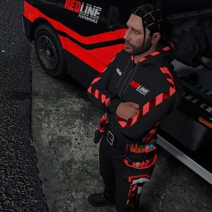 May include: A black hoodie with red accents and the text REDLINE PERFORMANCE on the chest, paired with black work trousers featuring a tool belt containing various tools, standing next to a black and red van with the same branding on the side panel.