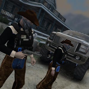 May include: Two figures wearing brown cowboy hats, black long-sleeved shirts, and brown chaps over blue jeans. Each figure wears a black tactical vest with a blue letter G and a grey bandana. One figure holds a grey revolver in a right hand.