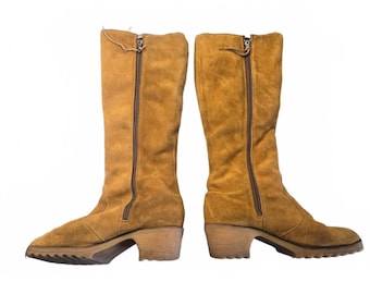 Stivali vintage anni '70 in pelle scamosciata e montone, stivali invernali boho mod, cerniera laterale