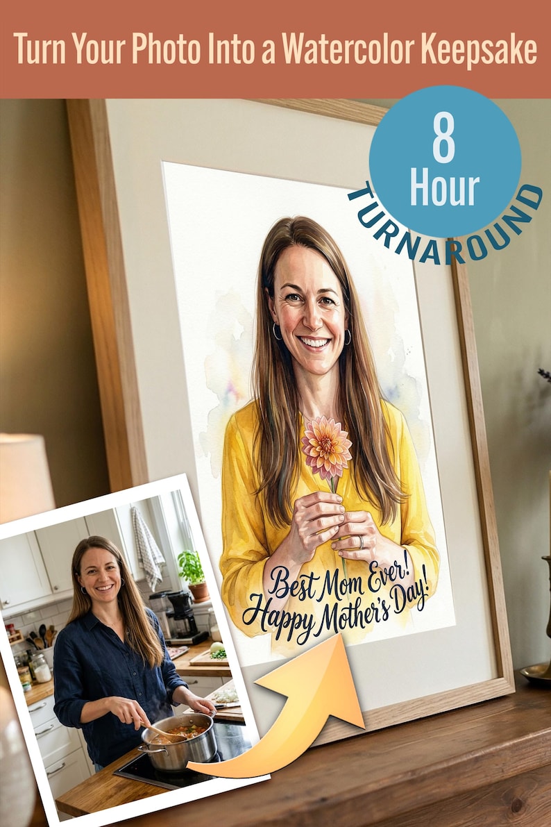 Aangepast aquarelportret, foto naar kunst aandenken (digitaal cadeau), 8 uur levertijd afbeelding 1
