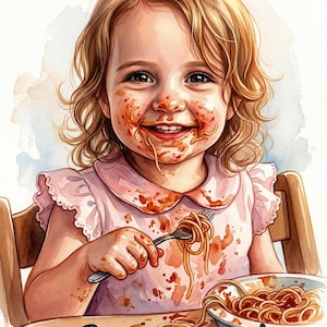 Op de afbeelding: Waterverfillustratie van een lachend kind met spaghetti en tomatensaus op gezicht en kleding. Het kind houdt een vork met spaghetti vast. Een kom spaghetti staat op tafel. Het woord "Yummy!" staat onderaan.
